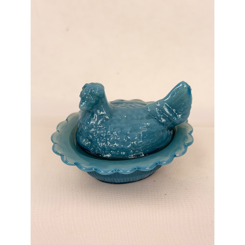 Mosser Glass Georgia Blue Hen on Nest Salt Cellar Mini Bird Covered Dish M Mark